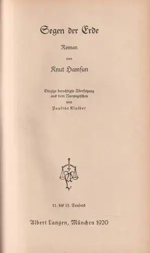 Buch: Segen der Erde, Roman. Hamsun, Knut. 1920, Langen Müller Verlag