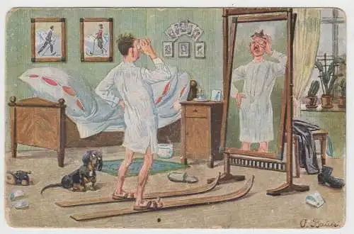 AK Die neuen Skis - Illustrierte Postkarte von O. Braun, Adolf Klauß & Co.