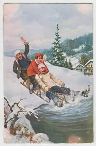 AK Schlittenfahrt in den Teich, Humorvolle illustrierte Postkarte um 1900
