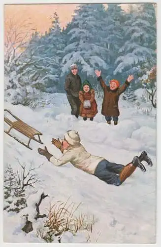 AK Schlittenfahrt, Humorvolle illustrierte Postkarte um 1900, ungelaufen