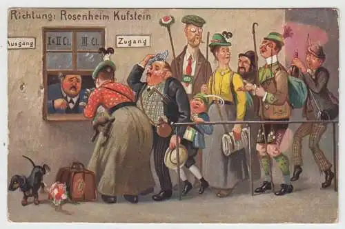 AK Am Fahrkartenschalter, Humorvolle illustrierte Postkarte um 1900, ungelaufen