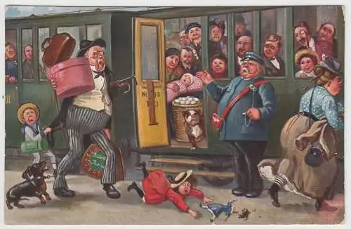 AK Am Bahnsteig, Humorvolle illustrierte Postkarte um 1900, ungelaufen