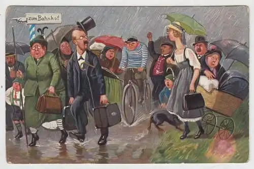AK Der Weg zum Bahnhof, Humorvolle illustrierte Postkarte um 1900, ungelaufen