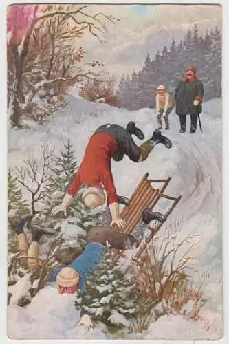 AK Schlittenfahrt ins Gebüsch, Humorvolle illustrierte Postkarte um 1900