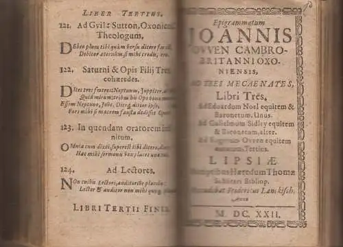 Buch: Epigrammatum Joannis Owen Cambro-Britanni, 3 Teile, 1622, Schüreri