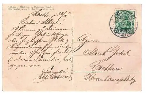 AK Gruss aus Thüringen. Thüringer Mädchen in Thüringer Tracht, Postkarte