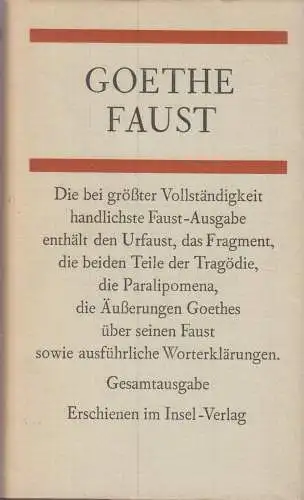 Buch: Faust, Goethe, Johann Wolfgang von. 1972, Insel-Verlag, Roman