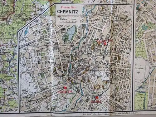 Pharus-Spezialkarte des Freistaates Sachsen mit Chemnitz, Dresden, Leipzig