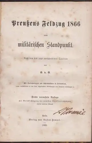 Buch: Preußens Feldzug 1866 vom militärischen Standpunkt, G. v. G., 1866, Hempel