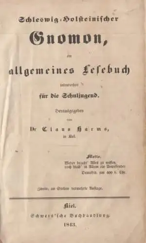Buch: Schleswig-Holsteinischer Gnomon, Harms, Claus. 1845, gebraucht, gut