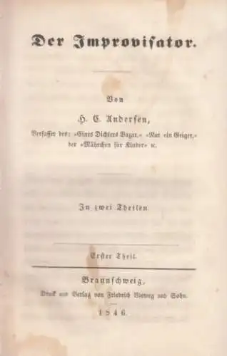Buch: Der Improvisator, Andersen, Hans Christian. 1846, gebraucht, mittelmäßig