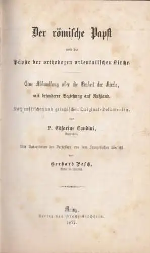 Buch: Der römische Papst, Tondini, Cäsarius. 1877, Verlag Franz Kirchheim
