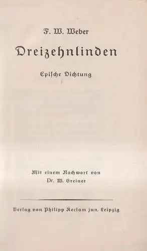 Buch: Dreizehnlinden, Weber, F. W., Epische Dichtung, Verlag Philipp Reclam jun.