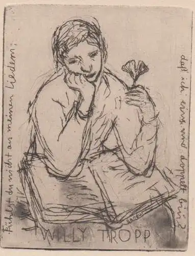 Original Grafik Exlibris: Willy Tropp, sehr gut, Ginkoblatt, Wolgang Bandur