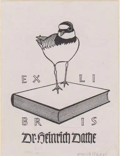 Original Grafik Exlibris: Dr. Heinrich Dathe, Ullrich Nagel, Vogel, Buch, Grafik