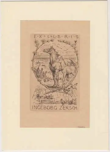Original Grafik Exlibris: Ingeborg Zers, Bruno Héroux, Pferd, Kaltnadelradierung