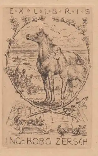 Original Grafik Exlibris: Ingeborg Zers, Bruno Héroux, Pferd, Kaltnadelradierung