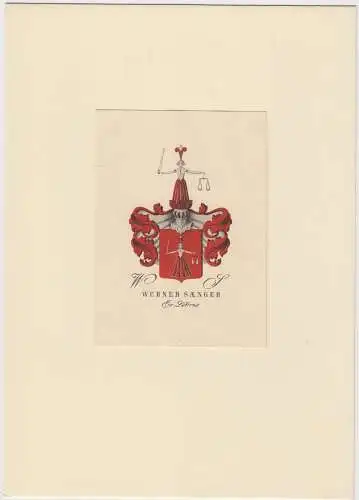 Original Grafik Exlibris: Werner Saenger, Justitia, Wappen, sehr guter Zustand