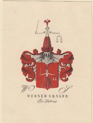 Original Grafik Exlibris: Werner Saenger, Justitia, Wappen, sehr guter Zustand