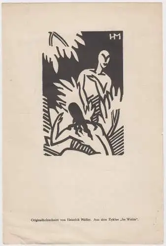 Grafik: Originalholzschnitt, Heinrich Müller, 1919, Ansicht, Im Walde, Kunst