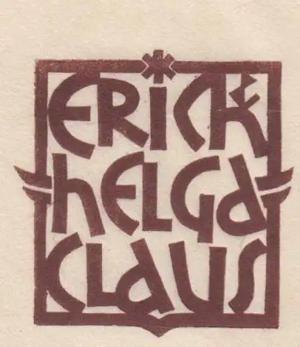 Original Grafik Exlibris: Erick und Helga Claus, Grafik, 1949, Holzschnitt