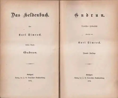 Buch: Gudrun, Deutsches Heldenlied. Karl Simrock, 1874, Cotta, Das Heldenbuch 1