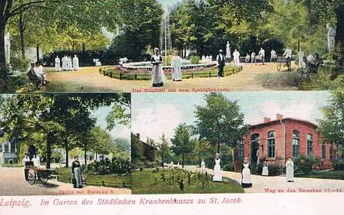 AK Leipzig. Im Garten des Städtischen Krankenhauses zu St. Jacob, Postkarte