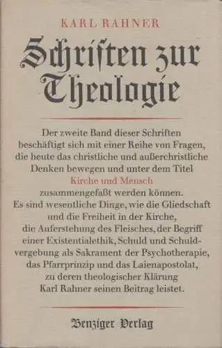 Buch: Schriften zur Theologie, Rahner, Karl. 1964, Benziger Verlag, Band II