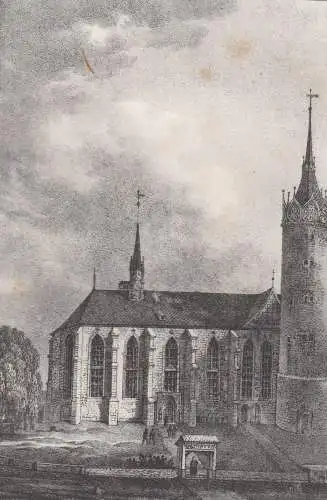 Lithografie: Die ältere Schlosskirche zu Wittenberg, Pietzsch, Grafik, um 1836