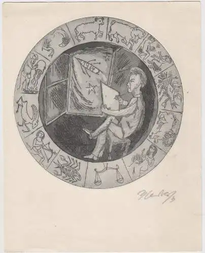 Radierung: Neujahrsgratulation, Sandberg, Herbert. Kunstgrafik, 1964, Aquatinta