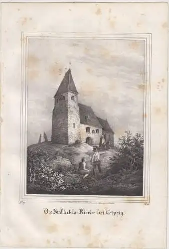 Lithografie: Die St. Thekla-Kirche bei Leipzig, um 1836, Eduard Pietzsch, Grafik