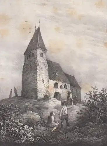 Lithografie: Die St. Thekla-Kirche bei Leipzig, um 1836, Eduard Pietzsch, Grafik