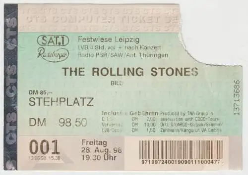 Ticket: The Rolling Stones Ticket 001, 28. August 1998, Festwiese Leipzig