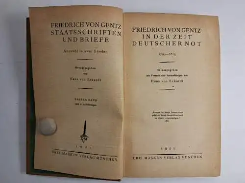 Buch: Friedrich von Gentz - Staatsschriften und Briefe 1+2, Drei Masken, 1921