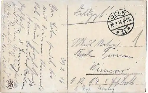 AK Coeln: Hohenzollernbrücke. Südseite. ca. 1916, Postkarte. Ca. 1916