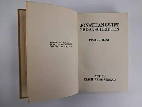 Buch: Prosaschriften 1-3, Jonathan Swift, Erich Reiss Verlag, 3 Bände