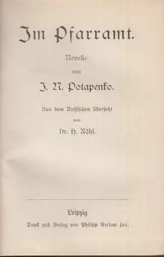 Buch: (1) Im Pfarramt  / (2) der bucklige Taquinet. J. N. Potapenko / P. de Kock