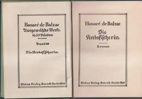 Buch: Die Krebsfischerin, Roman. Honoré de Balzac, Globus Verlag, ca. 1910