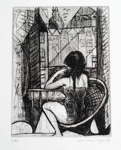 Buch: Radierung: Frau am Fenster mit Stadtblick, Weidensdorfer, Claus. 1989
