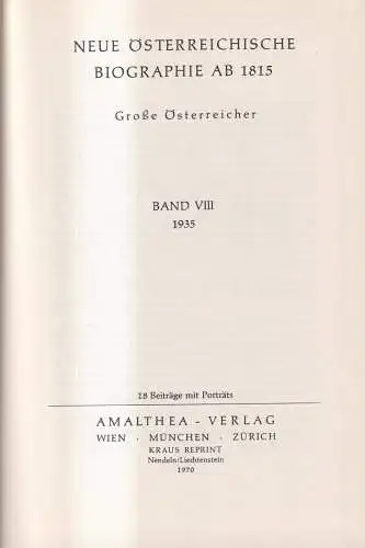 Buch: Neue Österreichische Biographie ab 1815, Große Österreicher. Band VIII