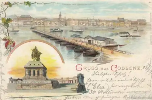 AK Gruss aus Coblenz. Coblenz mit Pontonbrücke. Denkmal Kaiser... Postkarte