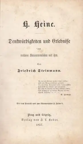 Buch: H. Heine - Denkwürdigkeiten und Erlebnisse aus meinem... Steinmann. 1857