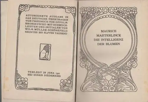 Buch: Die Intelligenz der Blumen, Maurice Maeterlinck, 1921, Eugen Diederichs