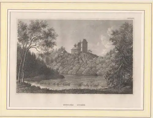 Stahlstich: Schloss Burgk, Grafik, 1839, Hildburghausen, Thüringen, Reuss