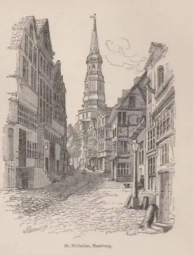 Holzschnitt: St. Nicholas, Hamburg, 1829, Passepartout, Ansicht, Kirche, Grafik