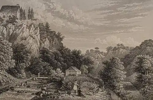 Stahlstich: Klusenstein, Ansicht, Grafik, Henry Winkles, 1842, Originalgrafik