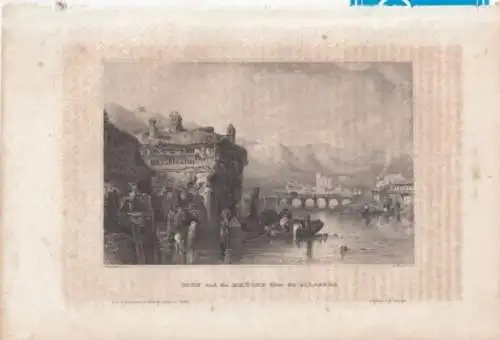 Irun und die Brücke über die Bidassoa. aus Meyers Universum, Stahlstich. 1850