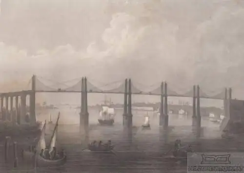 Die Kettenbrücke über die Dordogne. aus Meyers Universum, Stahlstich. 1850