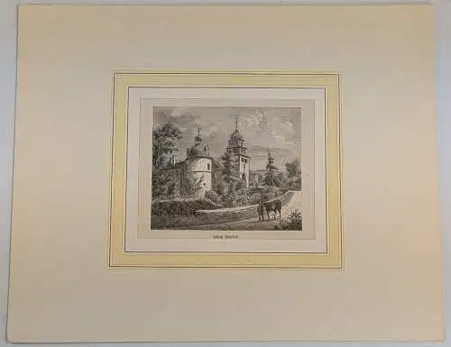 Stahlstich: Schloss Matfeld, Grafik, Ansicht, Pferd, Brücke, historisch