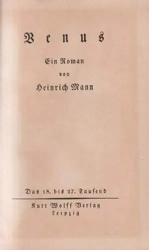 Buch: Venus, Ein Roman, Heinrich Mann, Kurt Wolff Verlag, gebraucht, gut
